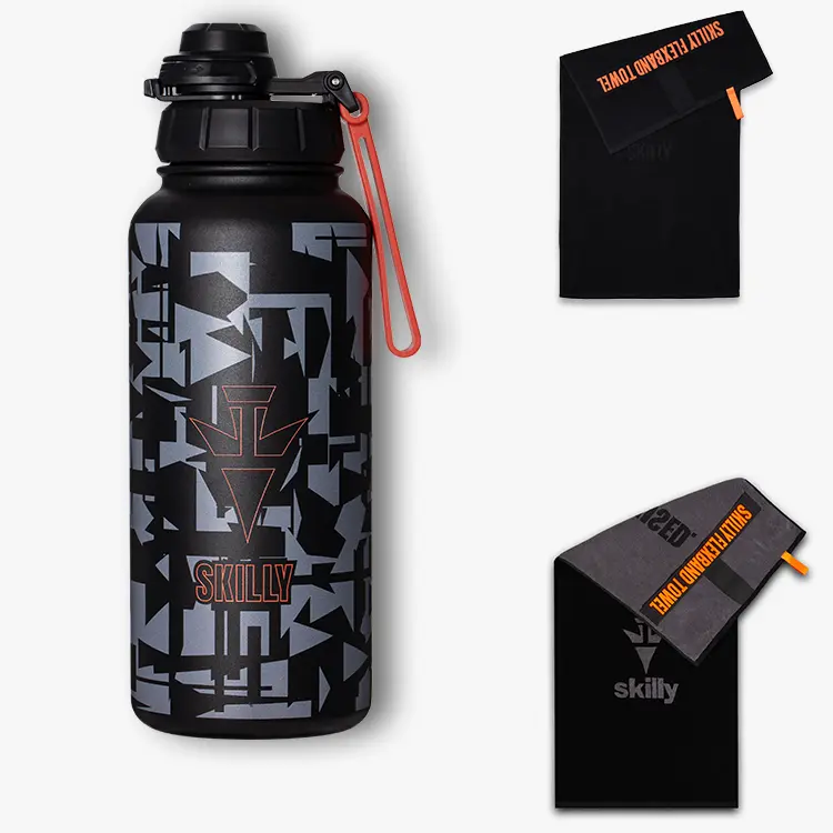 Fitness Bundle Mixed + with two cotton sports towels and a stainless steel water bottle.