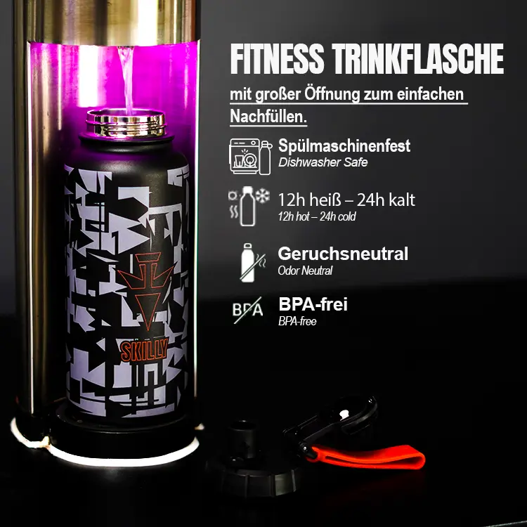 Stainless steel water bottle in beverage dispenser with details. Sport gym