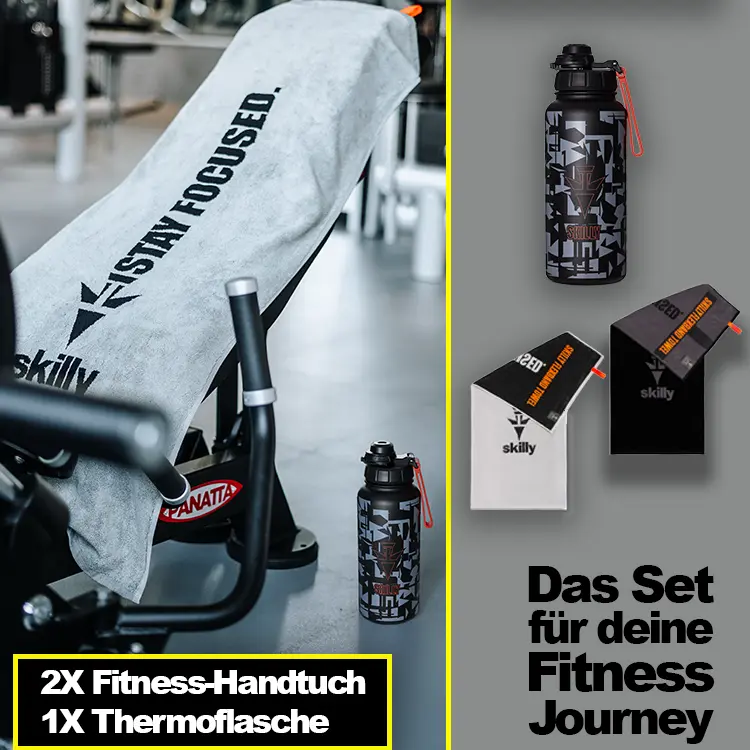 Fitness Set 3-in1 grey black schadow black Fitness-Bundle mit zwei FBT120 Fitness-Handtüchern und einer Thermo Flasche in grau schwarz
