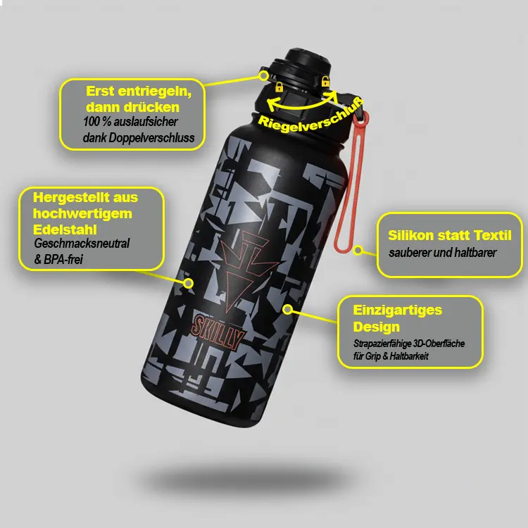 Grey black water bottle skilly thermo split 950 made of stainless steel
